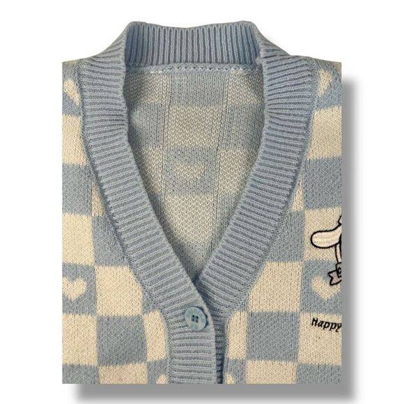 Sanrio  Cinnamonroll Hello Kitty Blue White Checkered Cardigan Sweater Size Medi - Picture 6 of 6